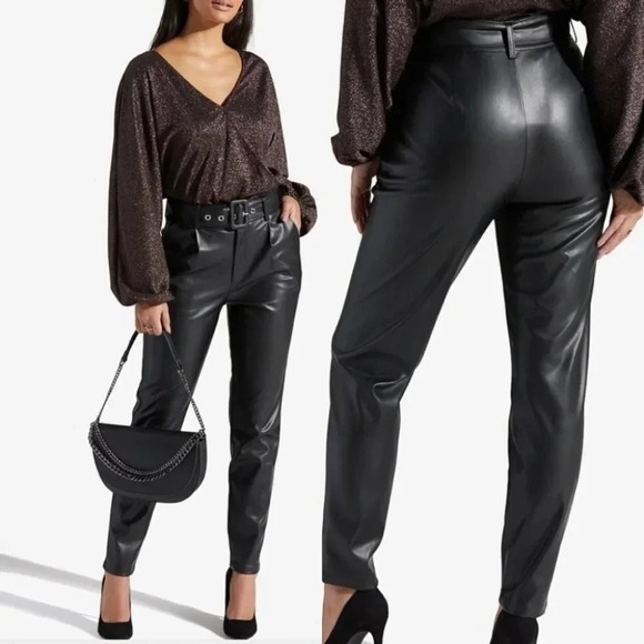 ShoeDazzle Pants 6 8 Medium High Rise Black Faux Leather Slim Stretchy Moto - Picture 2 of 11